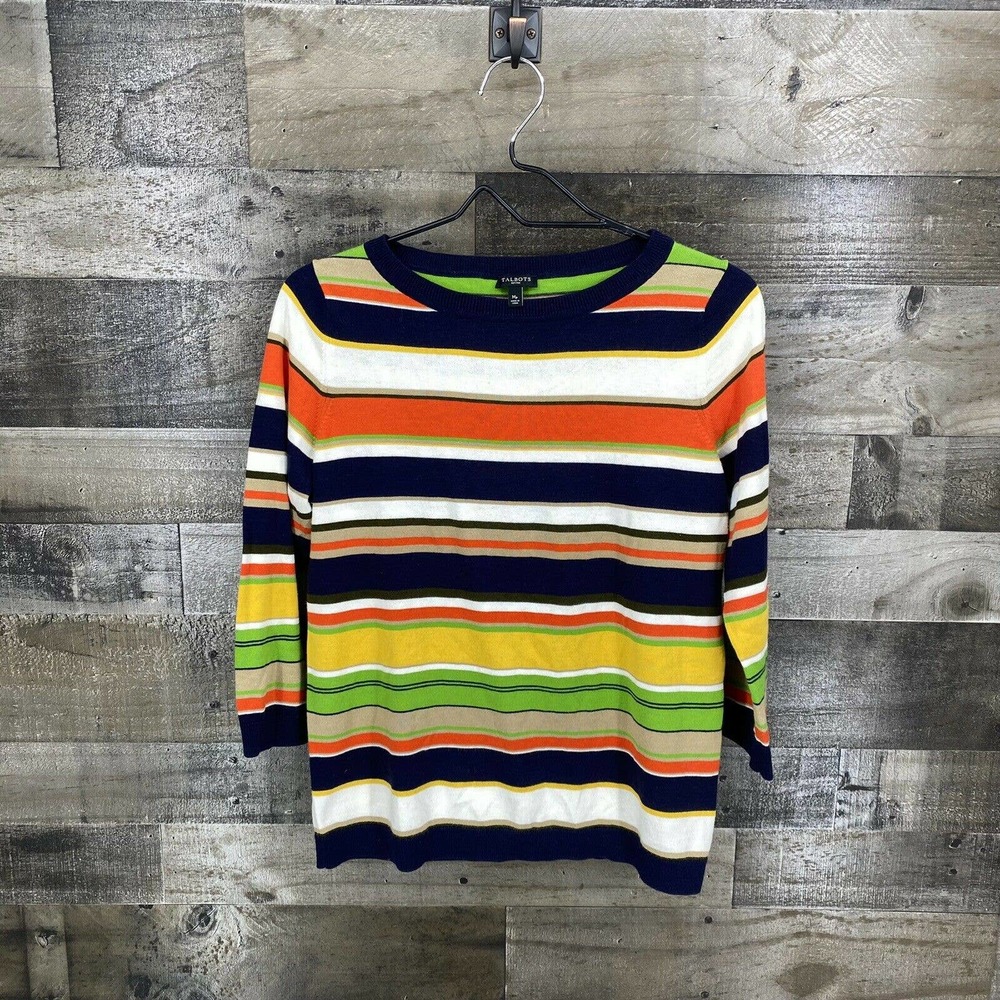 Talbots Womens 3/4 Elbow Length Striped Knit Top Sz MD Petite Multi-Color Fitted - Picture 1 of 5